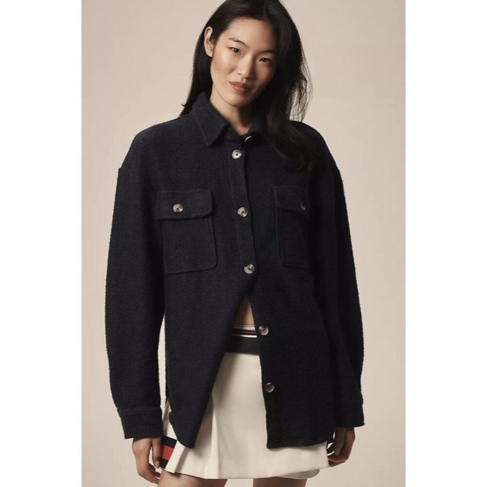 By Anthropologie Knit Button Up Shacket JackeNavy Blue Size Womens Size M